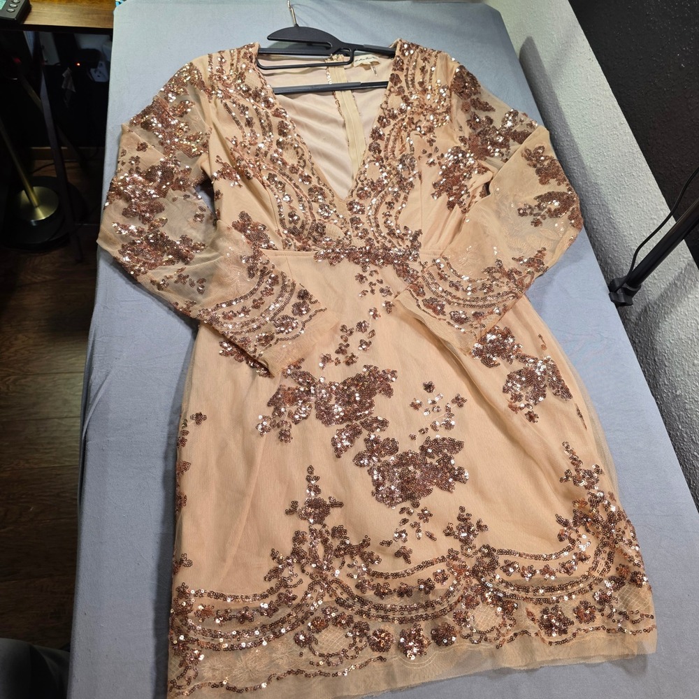 Southern Fried Chics Rose Gold Sequin Mini Dress V-Neck Long Sleeve Nude L078 M